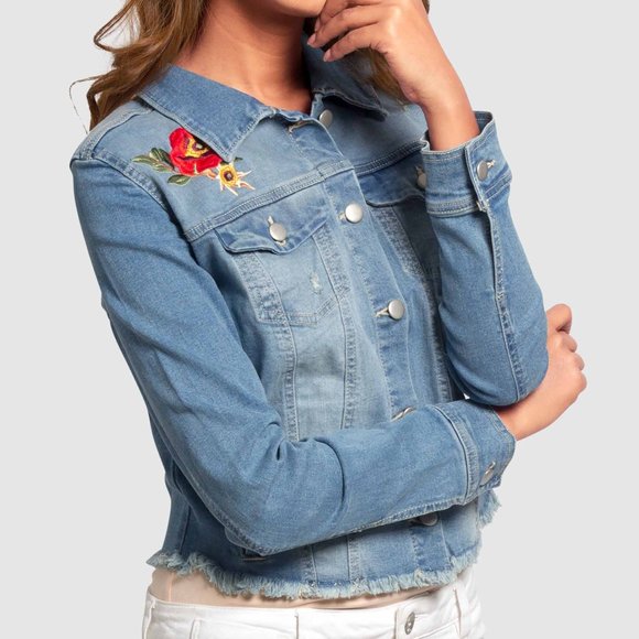 OLGYN Women’s Medium Blue Denim Embroidery Jacket - Picture 3 of 5